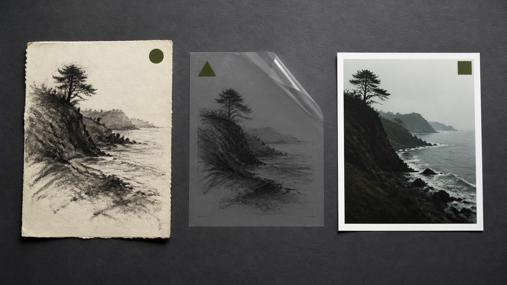 Charcoal sketch, acetate overlay, and photograph versions of a coastal tree