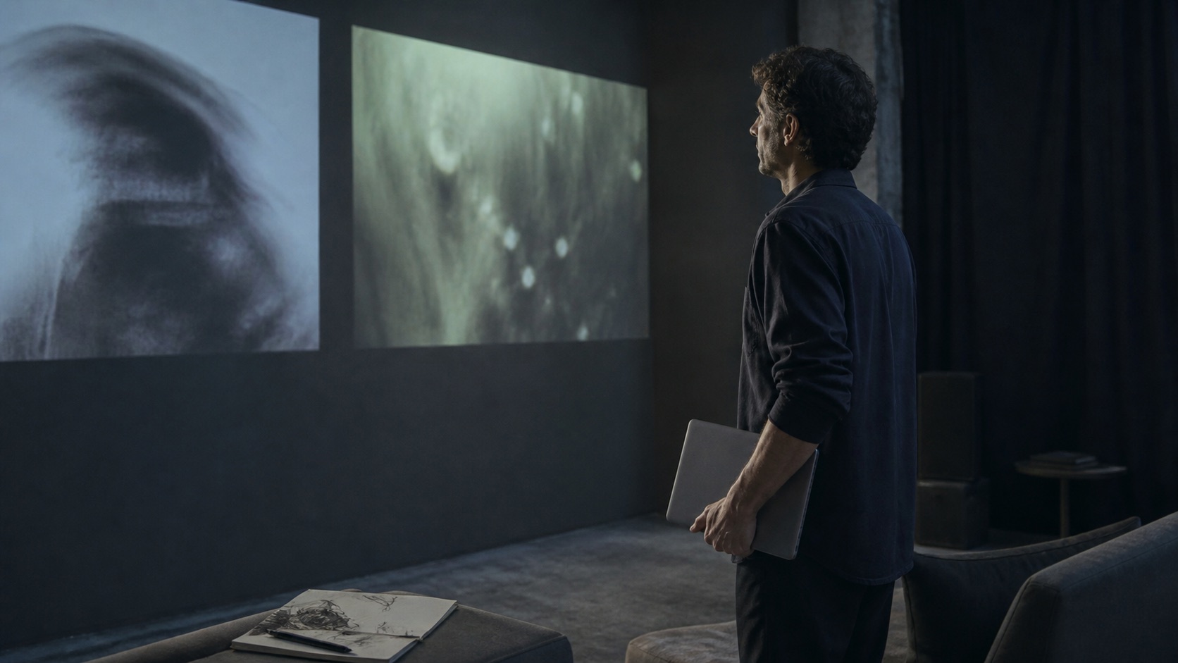 Editor holding a closed laptop before two abstract projections