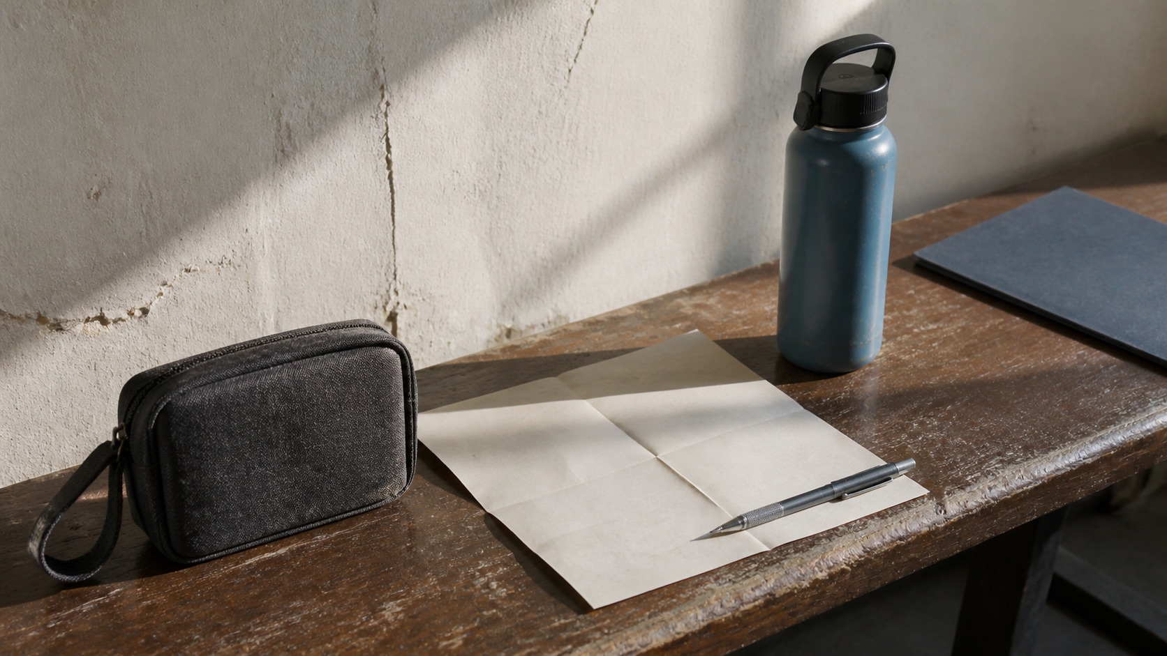 Camera pouch, blank agreement, pencil, and water bottle on a worn bench