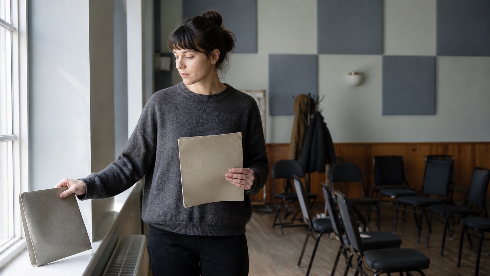 Creator setting one folder aside in a rehearsal room