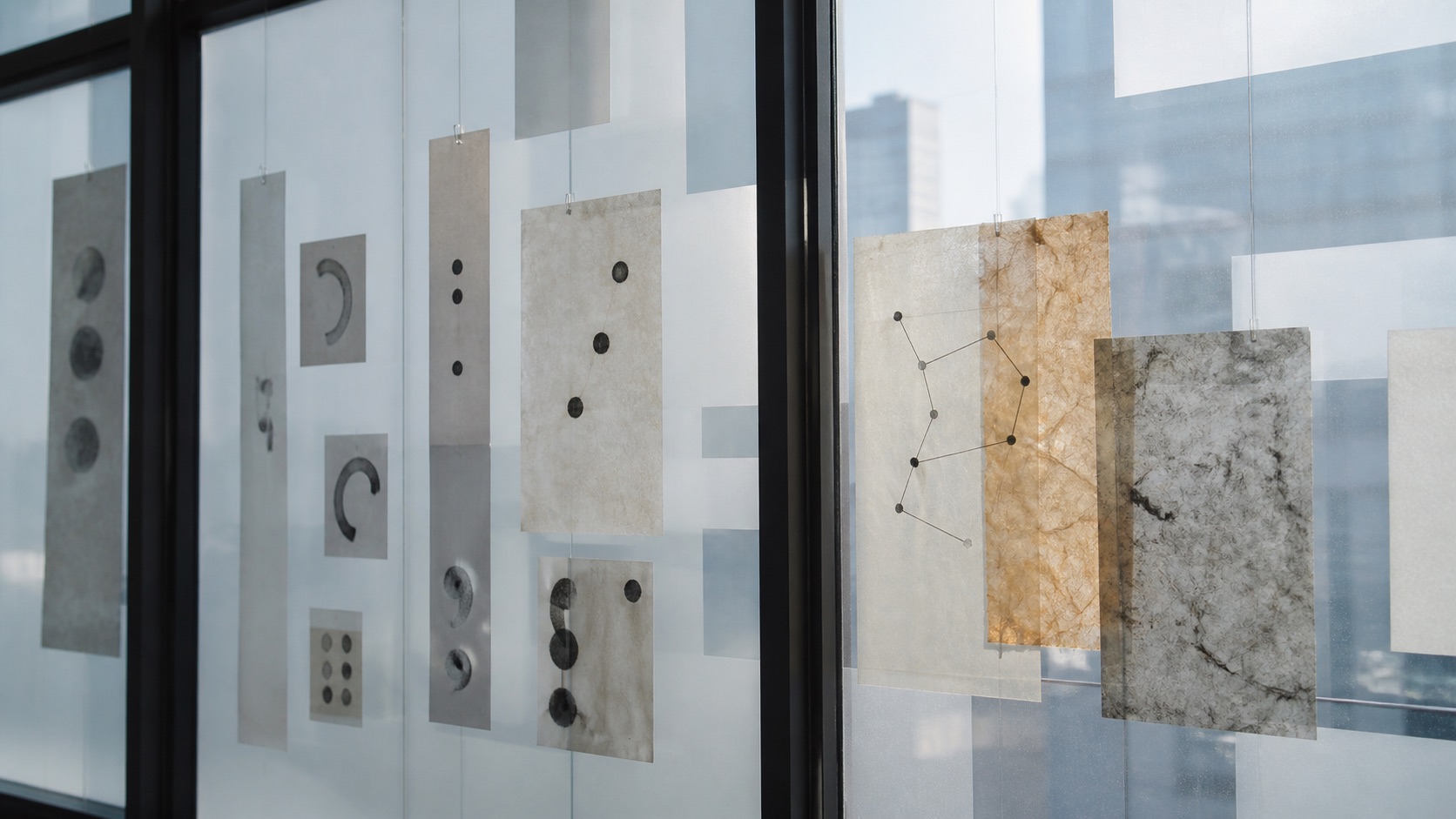 Translucent abstract context papers suspended at a window