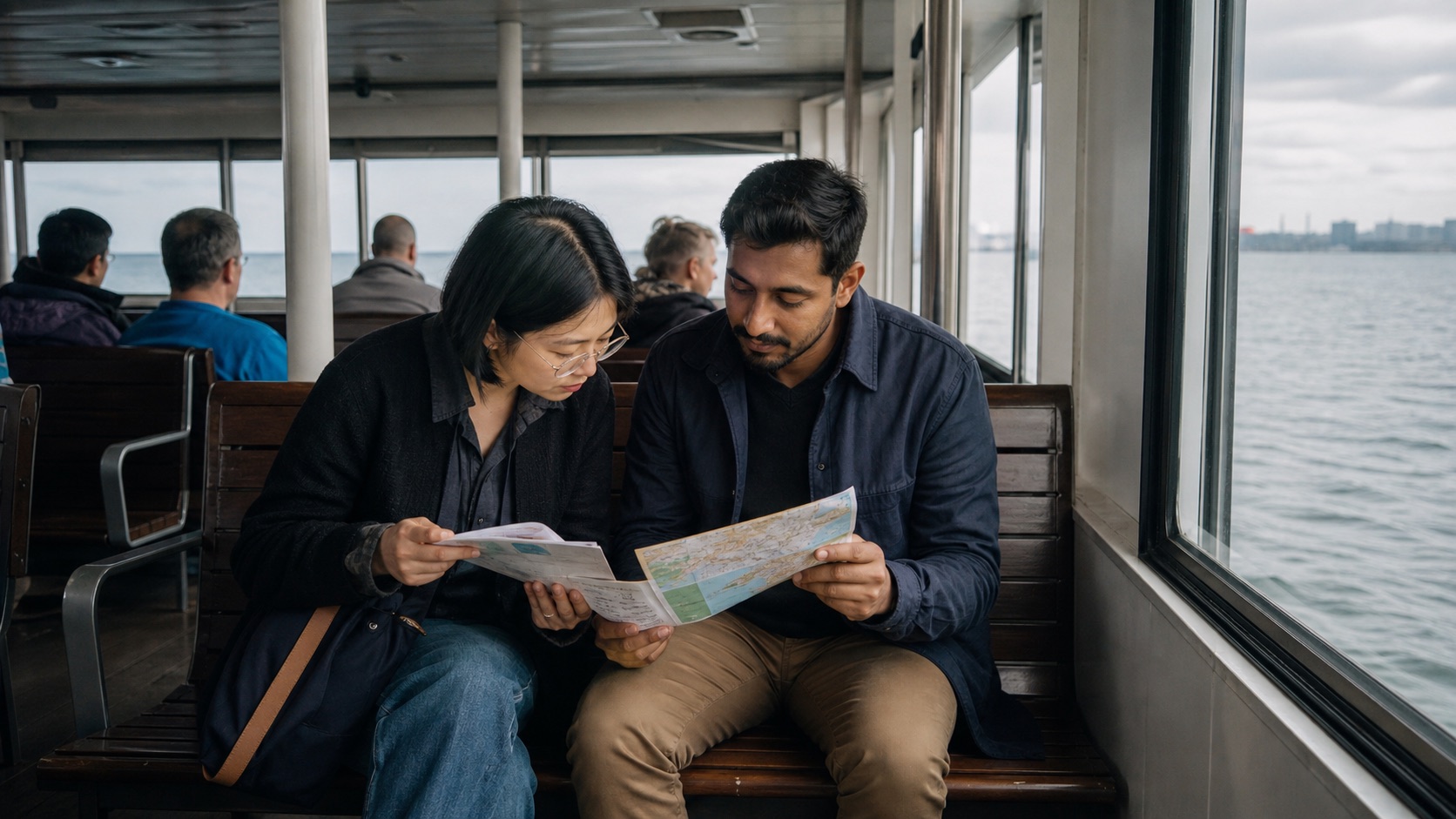 Two collaborators comparing maps on a public ferry