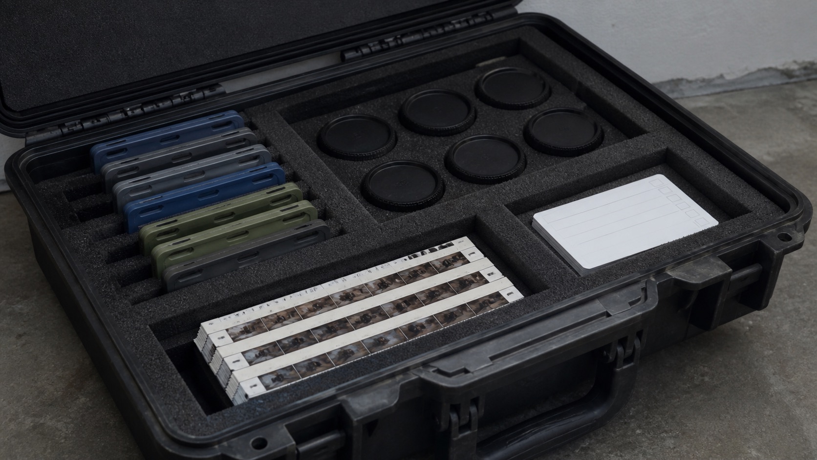 Open fitted case with drive sleeves, lens caps, frame strips, and a checklist