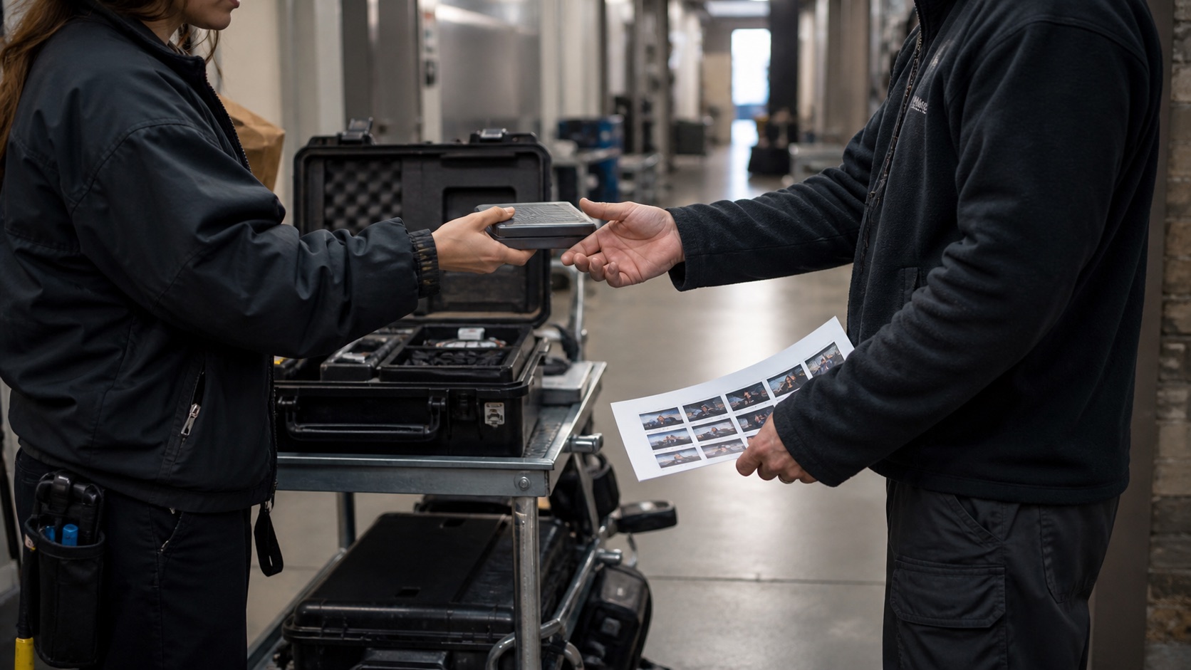 Two crew members exchanging a hard drive beside an equipment cart