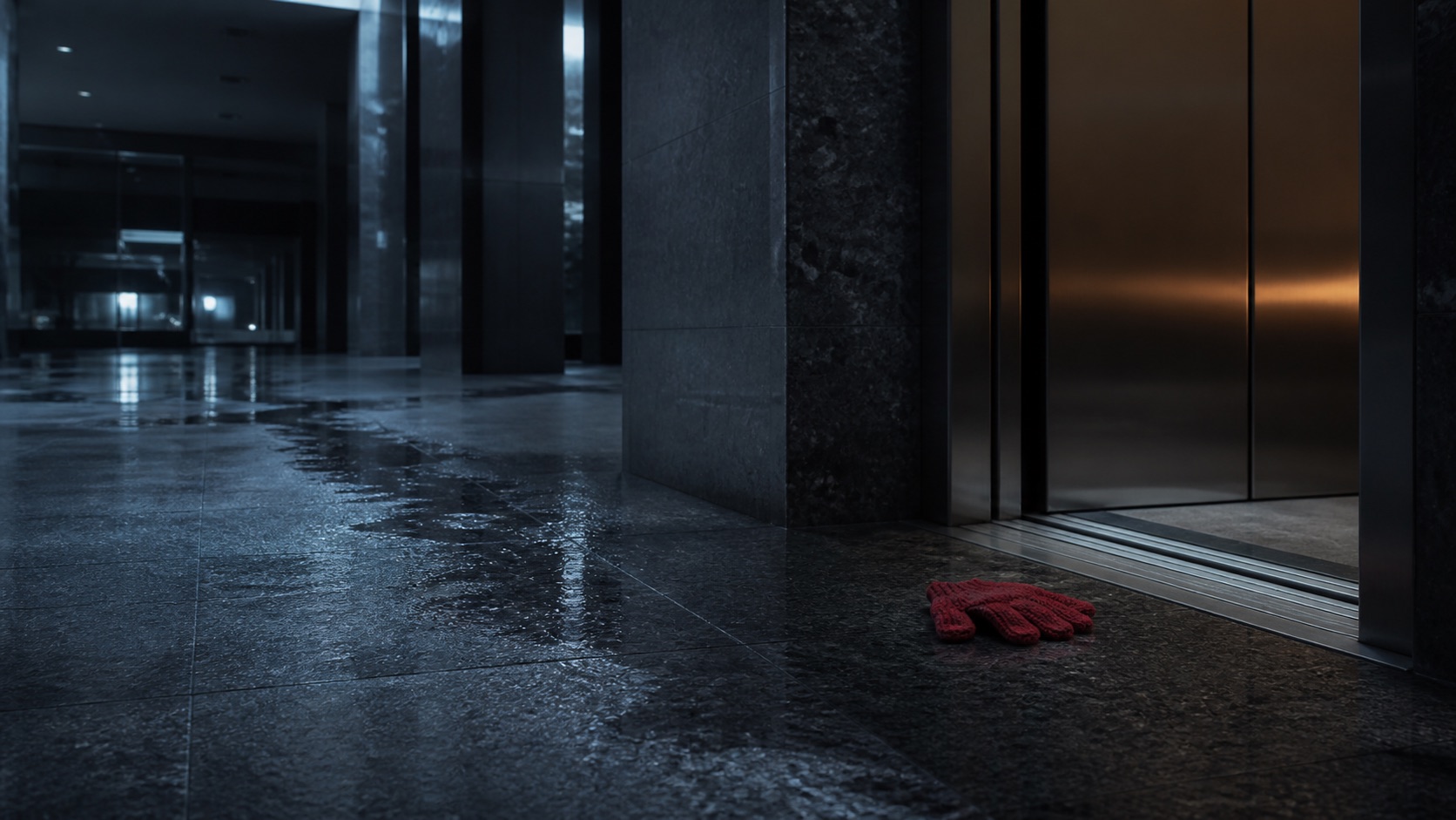 Dropped red knit glove beside an elevator on a wet lobby floor