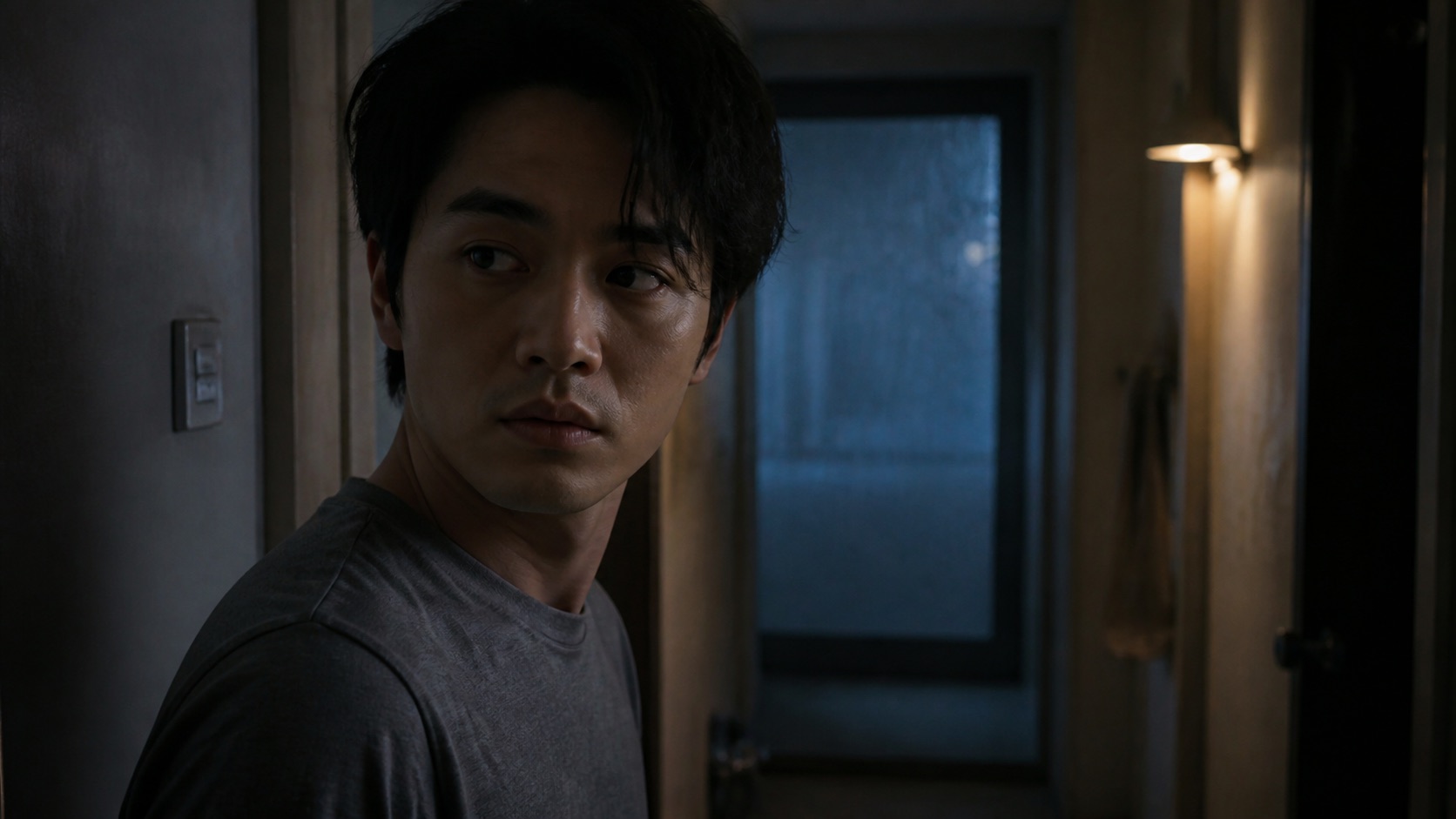 Dim hallway with a person turning toward an amber-lit doorway