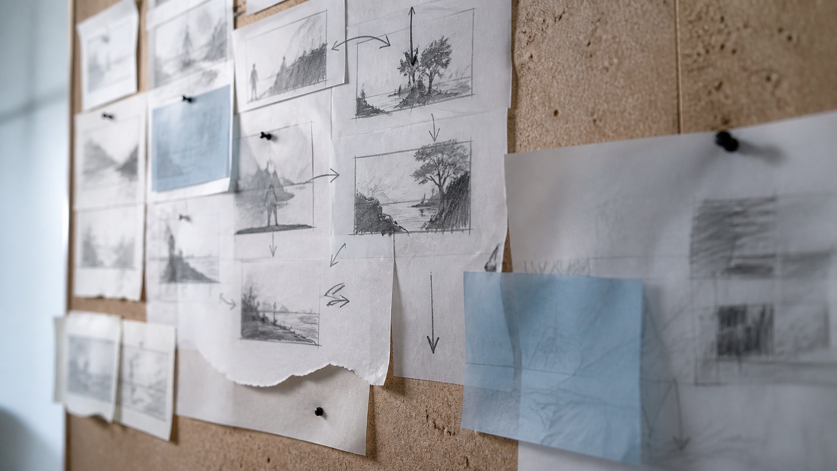 Pinned storyboard sketches and arrows on a cork wall