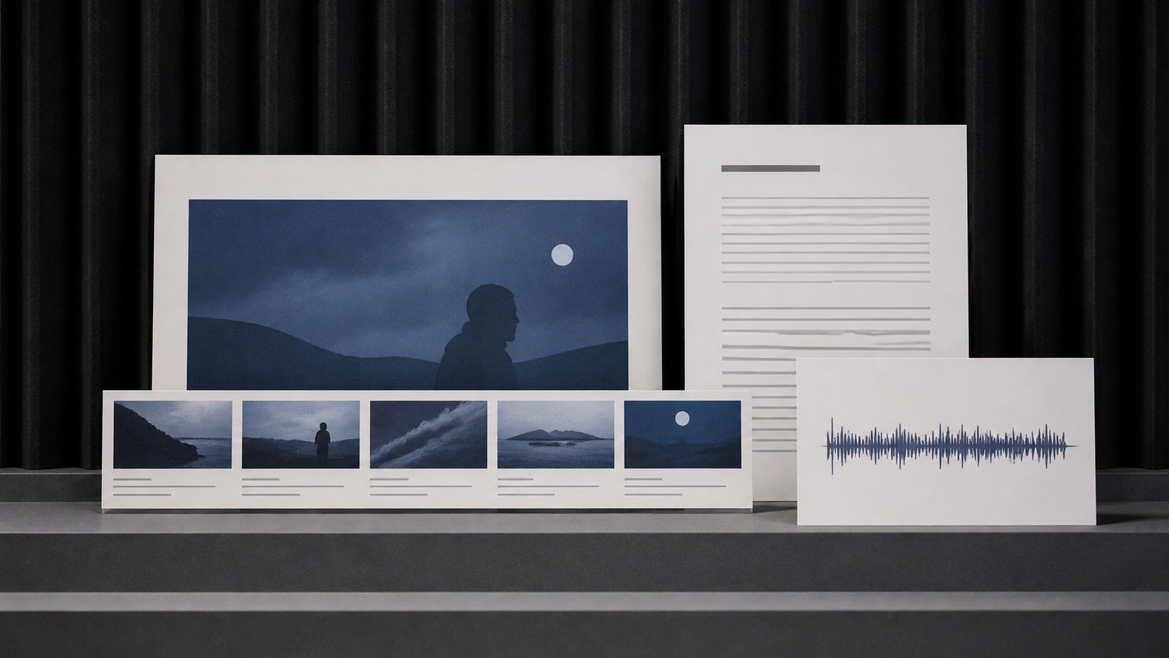 Image, sequence, transcript, and waveform cards on a display ledge